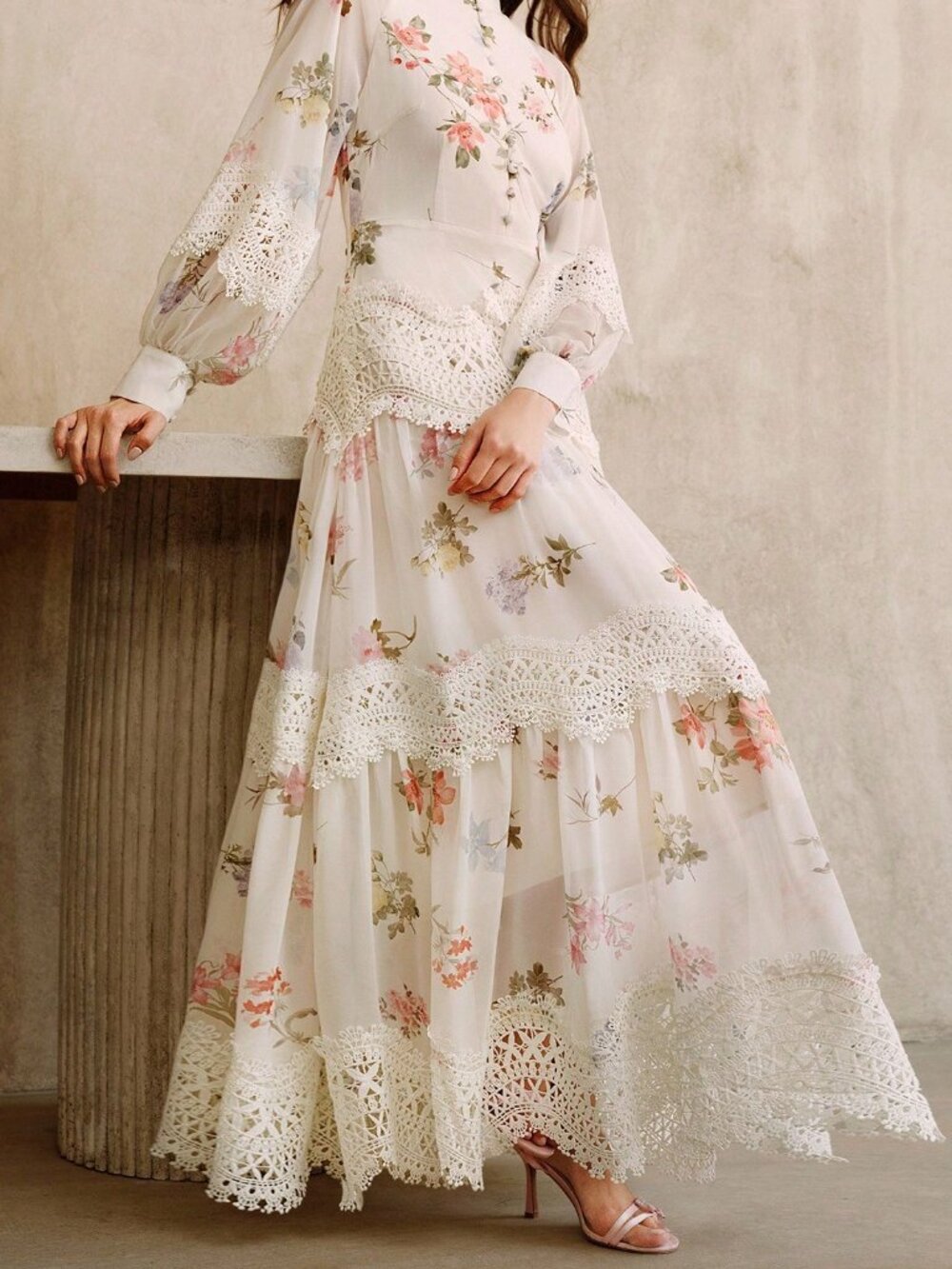 Apricot Elegant Women's Floral Print Lace Trim Long Sleeve Flared Hem Dress - Picture 6 of 8